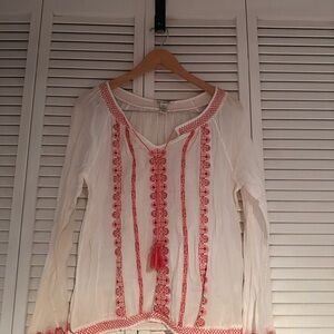 Lucky Brand White Peasant Tunic with Coral Embroidery